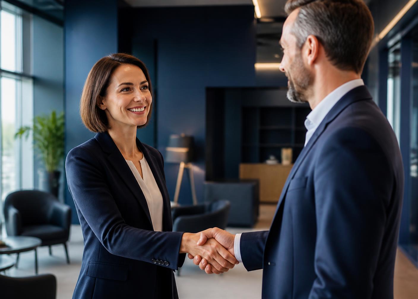 A BMO IT recruiter meeting a client in an office lobby