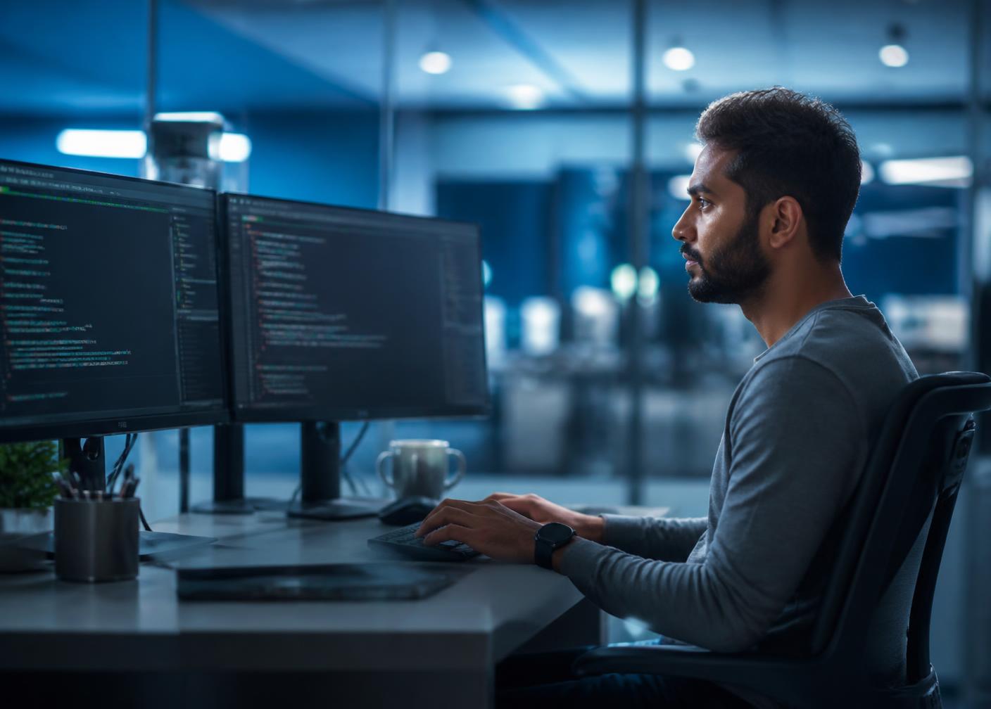 A software engineer working at a desk with dual monitors