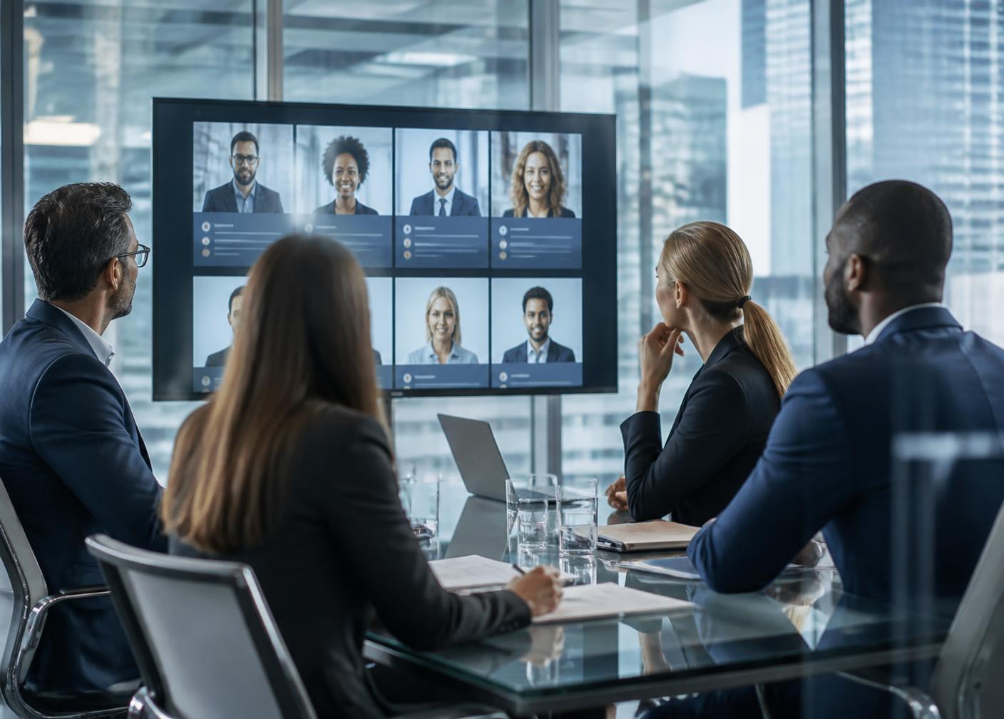 Hiring managers reviewing candidate profiles in a conference room